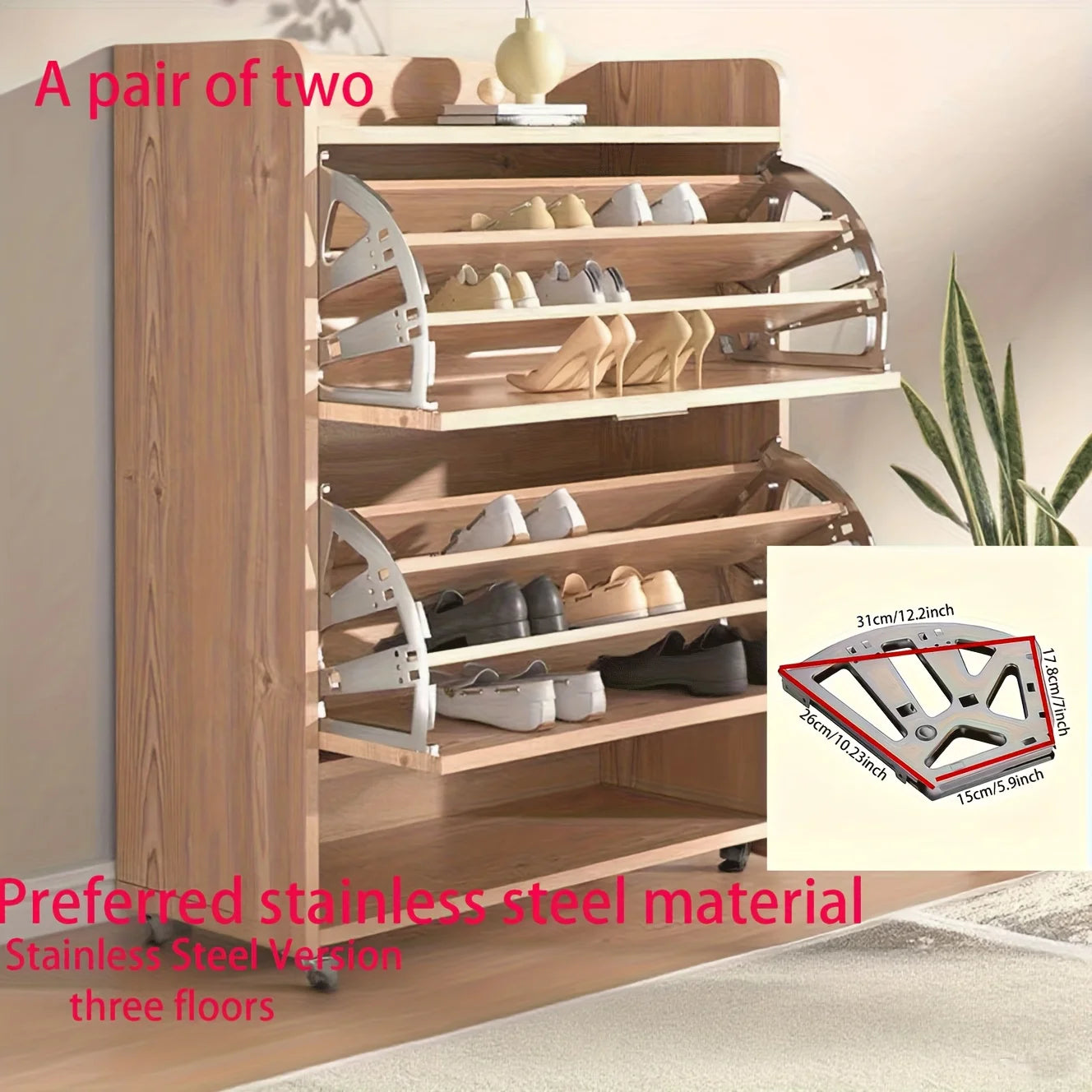 Ansoff 3-tier shoe rack connector with thick iron frame and hidden foldable shelf for organized shoe storage.