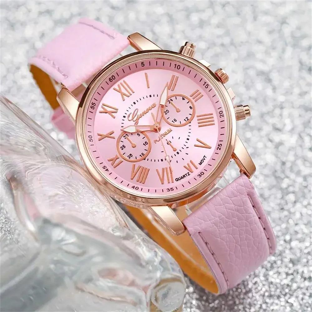 5PCS Women's Watches Fashion Roma Dial Leather Band Quartz Watch (Without Box) - Acros
