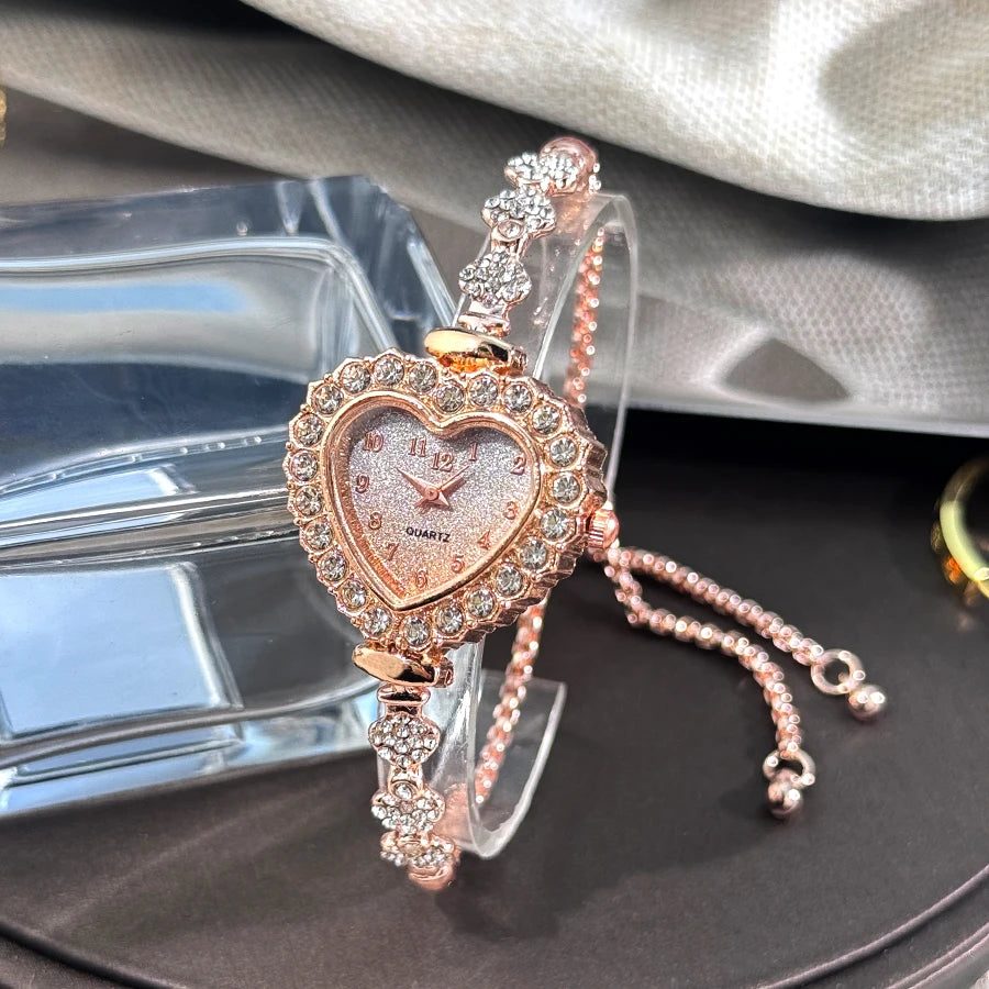 New Fashion Heart-shaped Ribbon-Strap Diamond-Studded Flower Watch for Women with Adjustable Bracelet - Acros