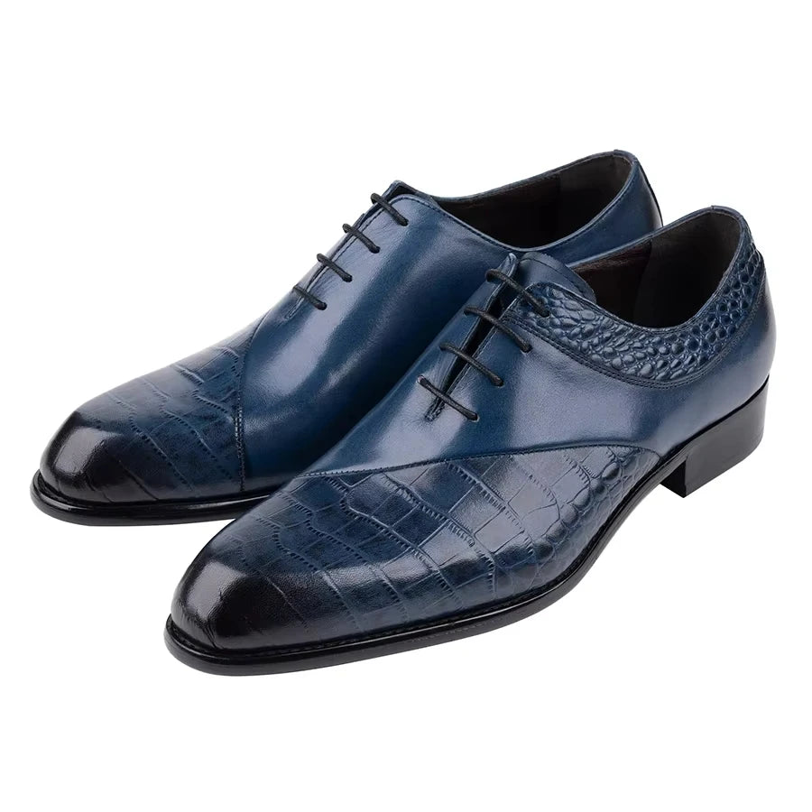 Ansoff men's blue oxford shoes made of top layer cowhide leather, handcrafted luxury retro design, suitable for business or wedding wear.