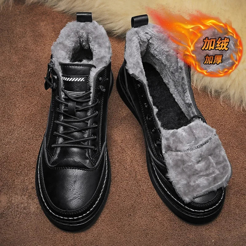 Ansoff men's leather winter boots with fur lining, ankle height, lace-up design, and platform sole for casual and work wear.