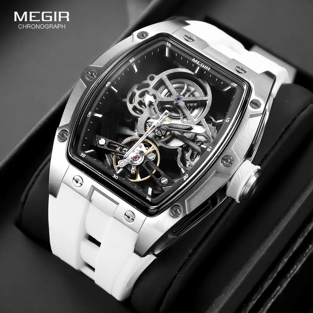 MEGIR Men's Automatic Mechanical Watch with Stainless Steel Case Silicone Band Skeleton Dial Waterproof Sport Wristwatch - Acros