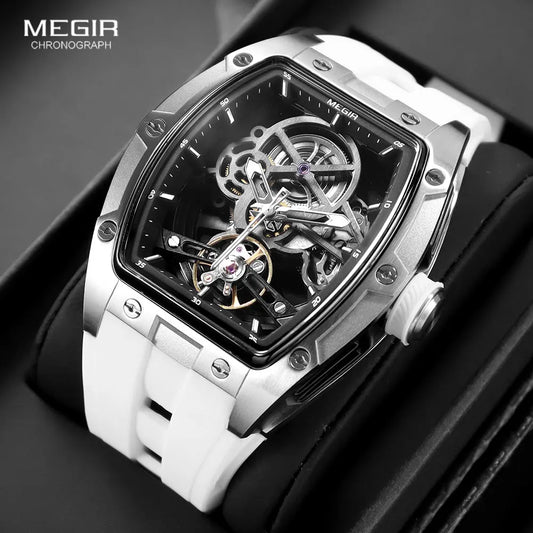 MEGIR Men's Automatic Mechanical Watch with Stainless Steel Case Silicone Band Skeleton Dial Waterproof Sport Wristwatch - Acros
