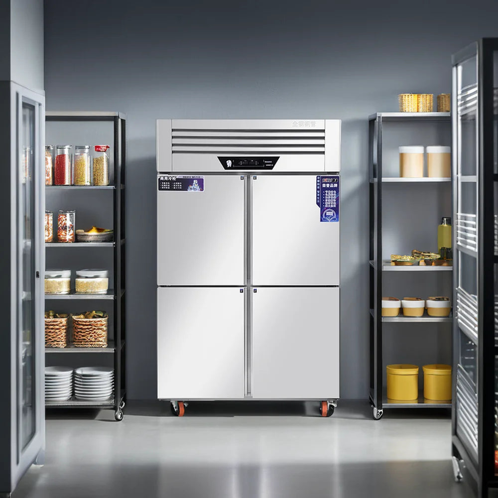 Ansoff commercial double-temperature upright refrigerator with four doors, ideal for supermarket and restaurant freezer storage.