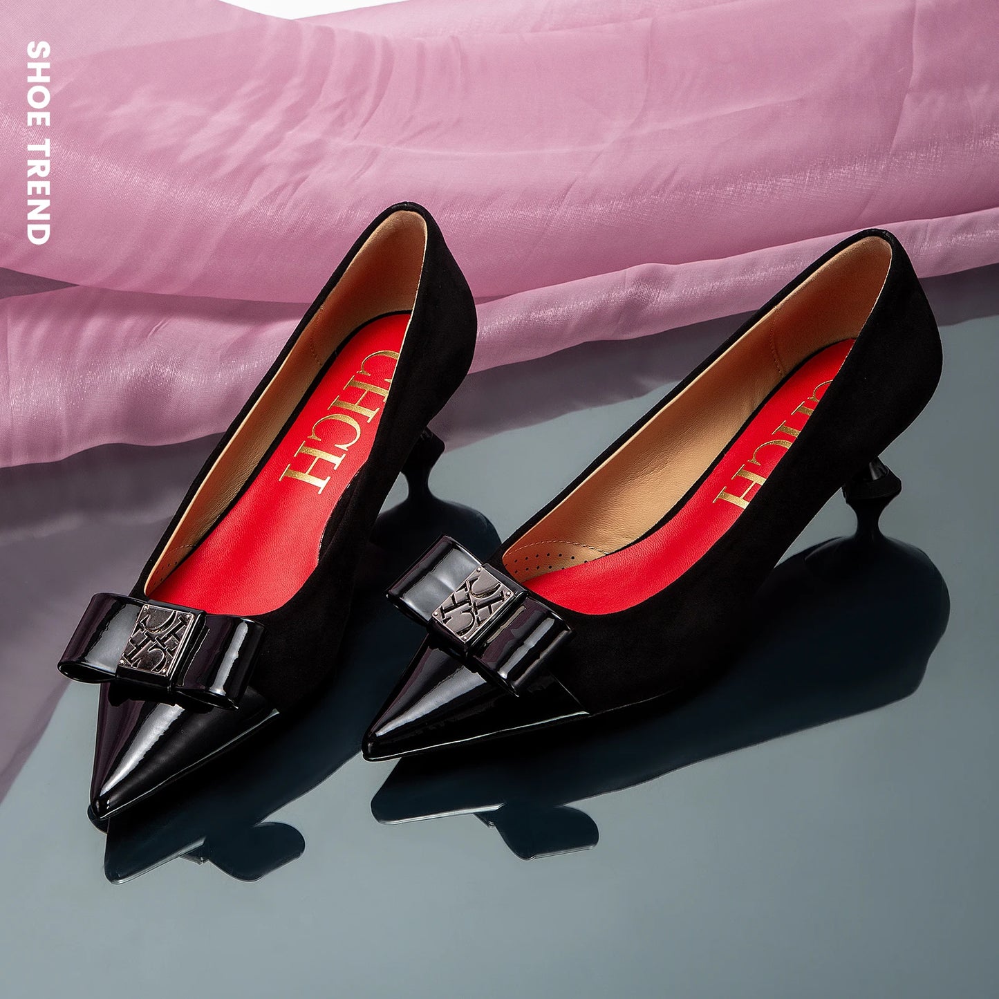 Ansoff women's low heeled pointed shoes with British patchwork design, elegant fashion footwear for commuting and stylish occasions.