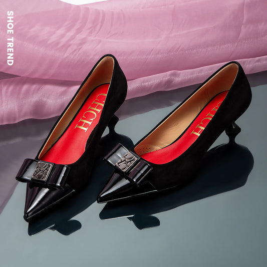 Ansoff women's low heeled pointed shoes with British patchwork design, elegant fashion footwear for commuting and stylish occasions.