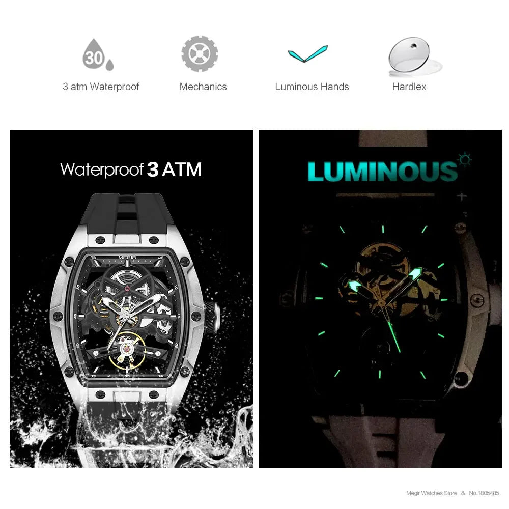 MEGIR Men's Automatic Mechanical Watch with Stainless Steel Case Silicone Band Skeleton Dial Waterproof Sport Wristwatch - Acros