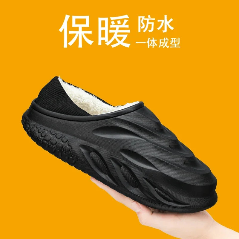 Ansoff men's waterproof slippers with velvet heel cover, non-slip wear-resistant sole, ideal for home, warm, and comfortable footwear.