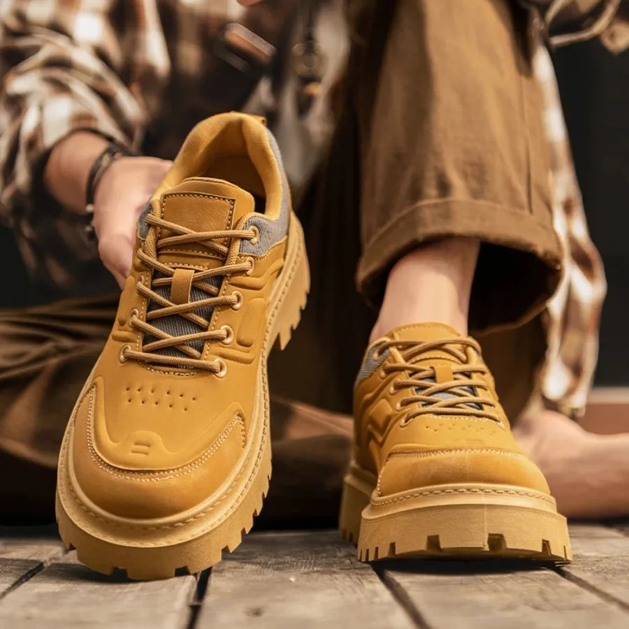 Ansoff men's 2026 autumn work boots with chunky anti-slip thick soles, durable yellow combat boots, and height increase feature.