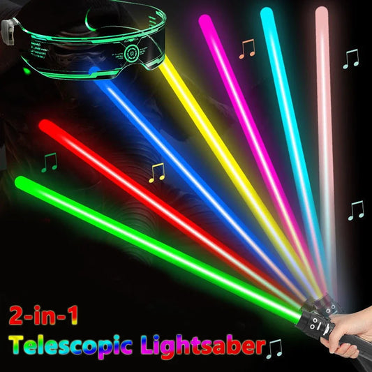 Colorful glowing 2-in-1 lightsaber sword toy by Ansoff, featuring telescopic design and music laser effects for kids and adults.