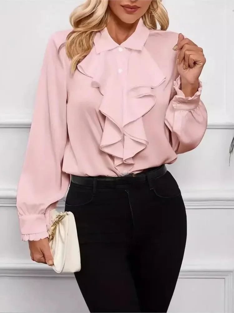 Ansoff women's white ruffled long sleeve blouse with lapel, elegant office shirt, suitable for spring and autumn fashion.