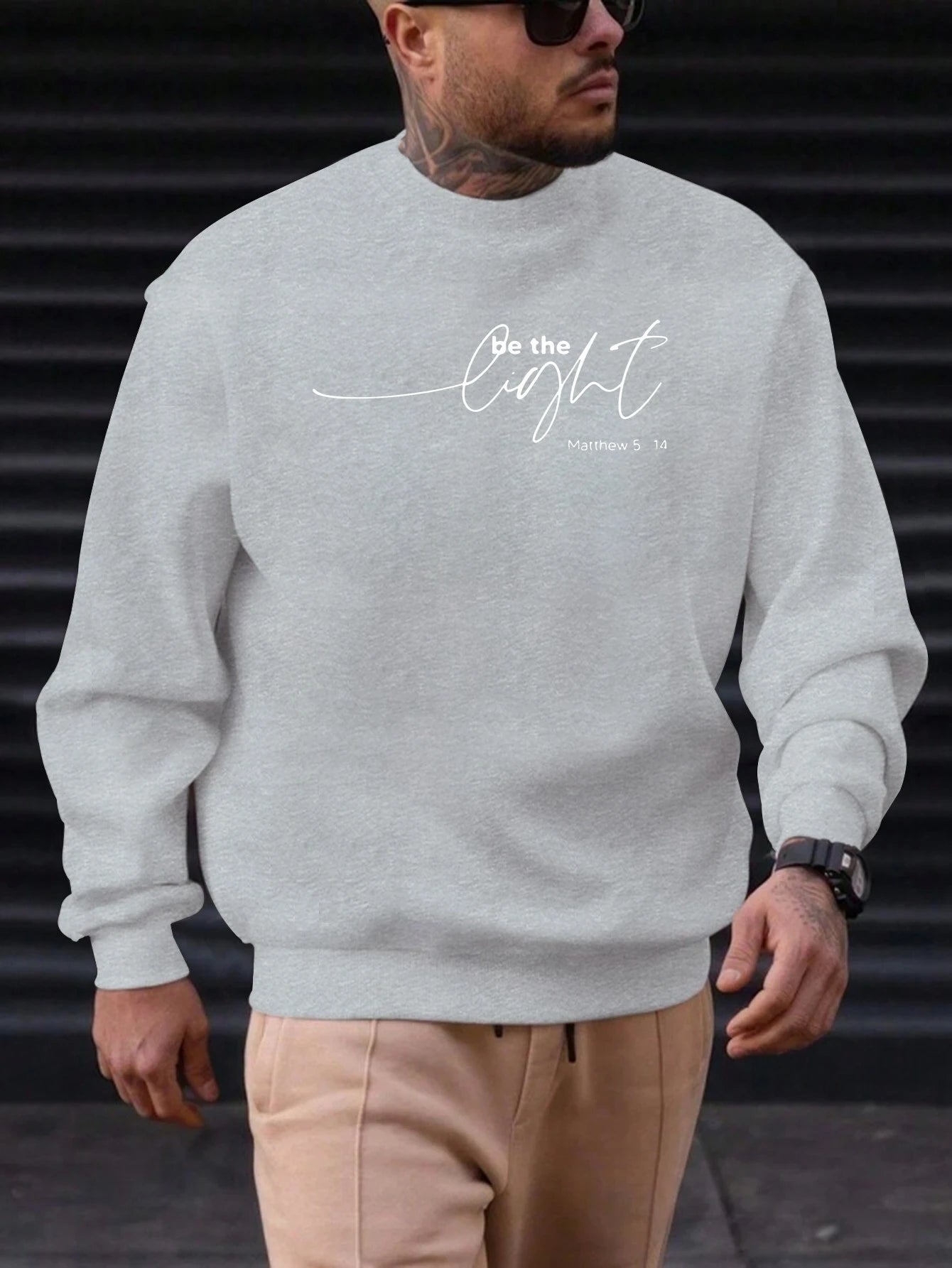 Men's Sweatshirt 2025 New Arrival Minimalist Cozy Relaxed Fit Elegant Calligraphy “Be the Light” Matthew 5:14 Quote Top - Acros
