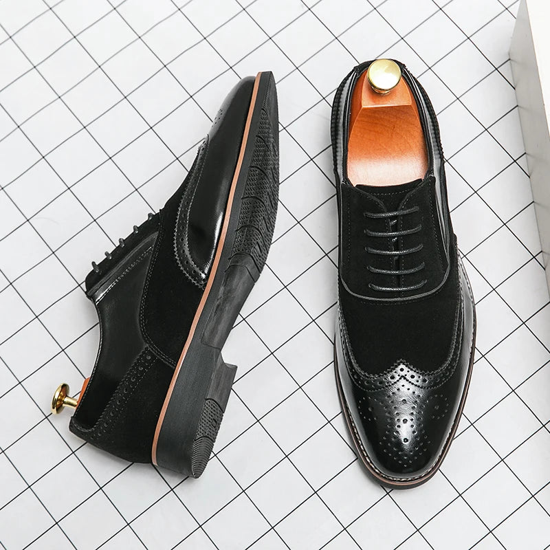 Ansoff men's retro Oxford shoes with classic brown leather brogue detailing, suitable for casual, business, or wedding attire.