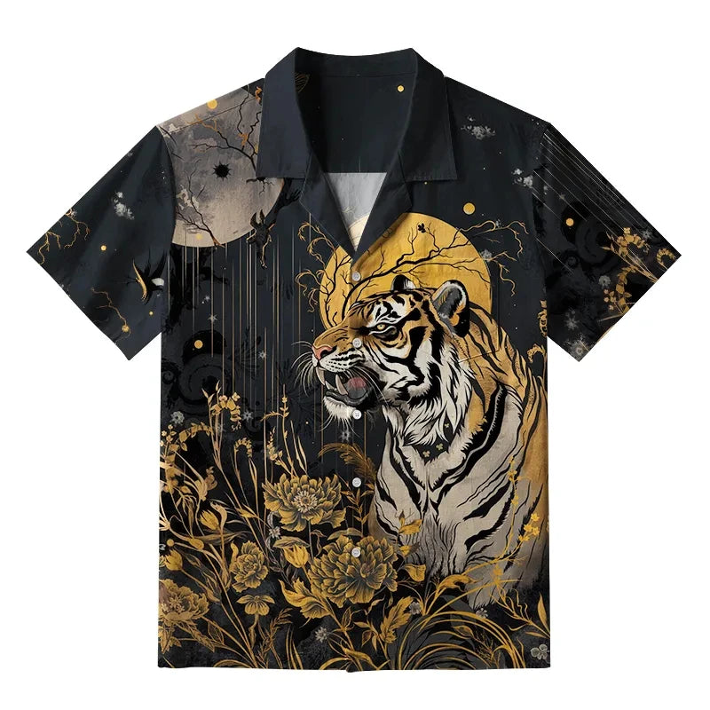 Ansoff men's Hawaiian shirt with tiger print, casual loose fit, breathable fabric, buttons, perfect for beach holiday fashion.