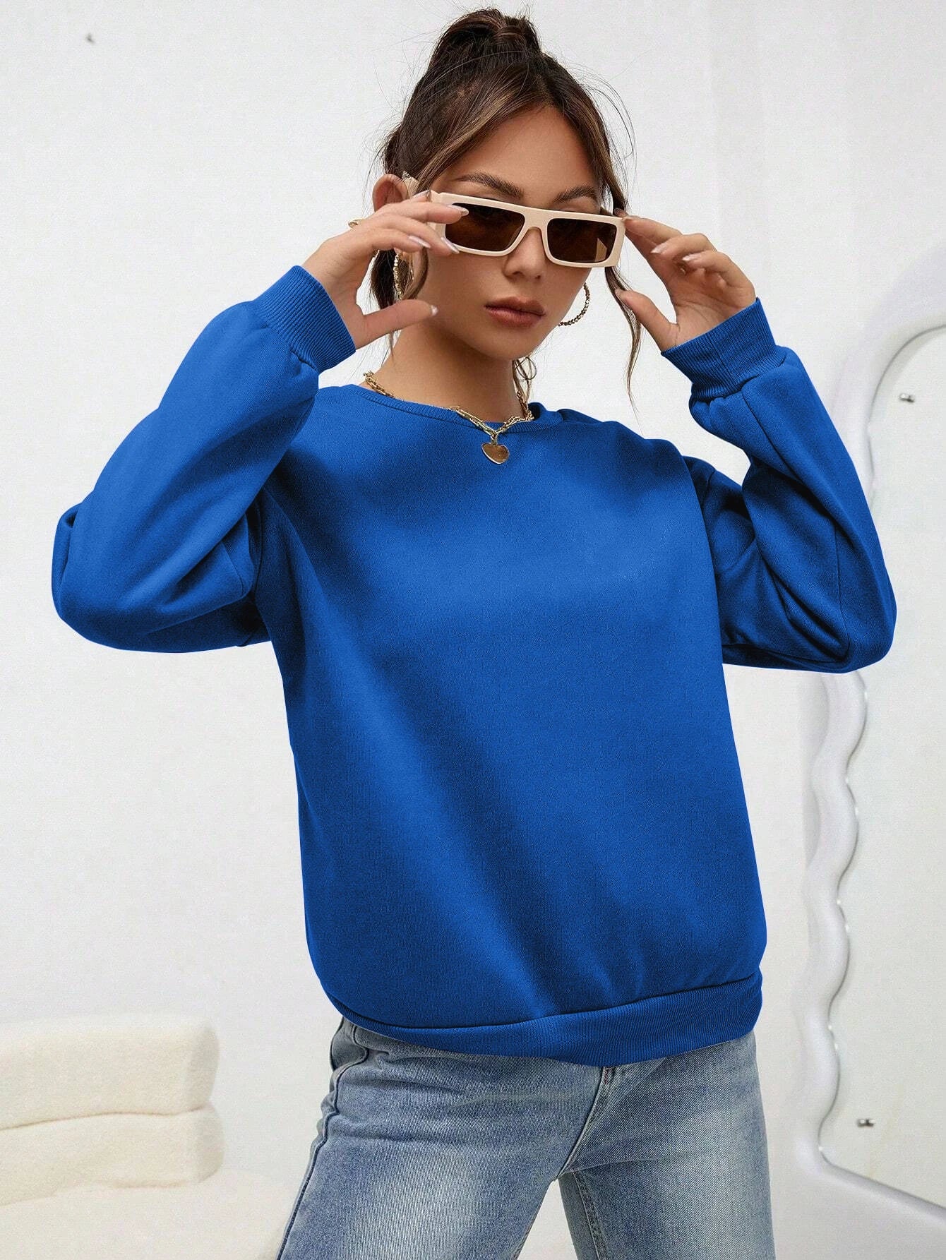 Woman Sweatshirt Casual Solid Color All-Match Clothing Loose Fashionable Pullovers Autumn Crewneck Warm  Female Hoodies - Acros