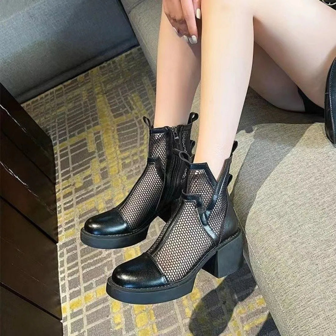 Ansoff women's ankle boots with solid color round toe design, thick heel, breathable mesh upper, and comfortable sandal style.