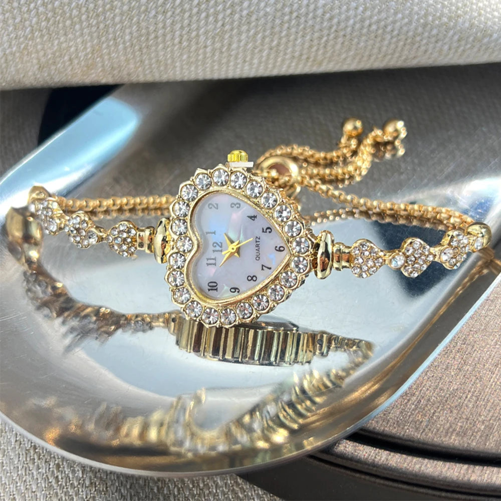 New Fashion Heart-shaped Ribbon-Strap Diamond-Studded Flower Watch for Women with Adjustable Bracelet - Acros