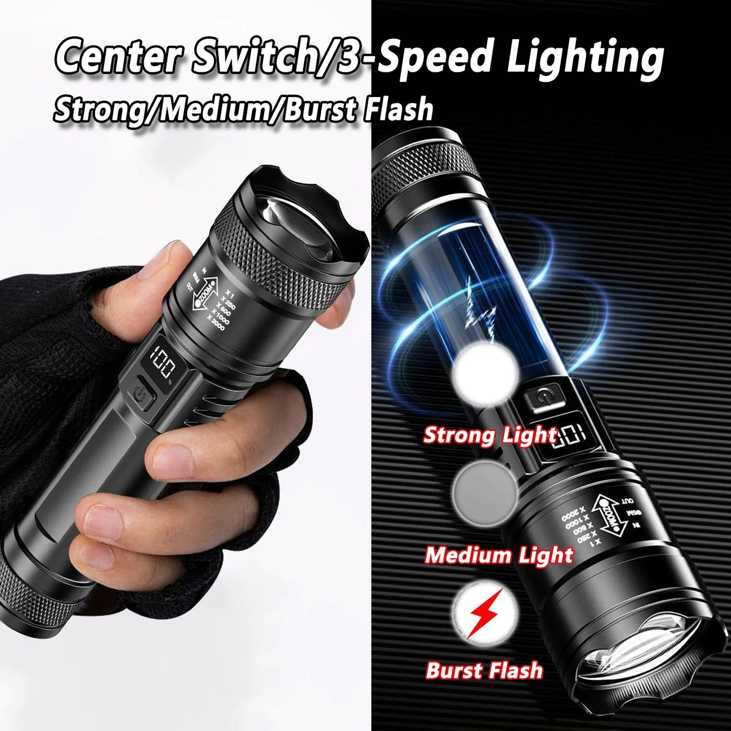 Rechargeable LED Flashlight Zoomable Torch with LCD Display 3 Modes Waterproof High Power Hand Light Outdoor Wilderness Camping - Acros