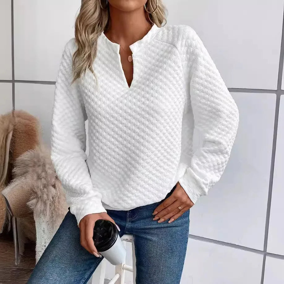 Women Sweatshirt 2025 Spring Autumn Latest Fashion Solid Color Deep V-Neck Pullover Long Sleeved Casual Hoodie Loose Sporty Top - Acros