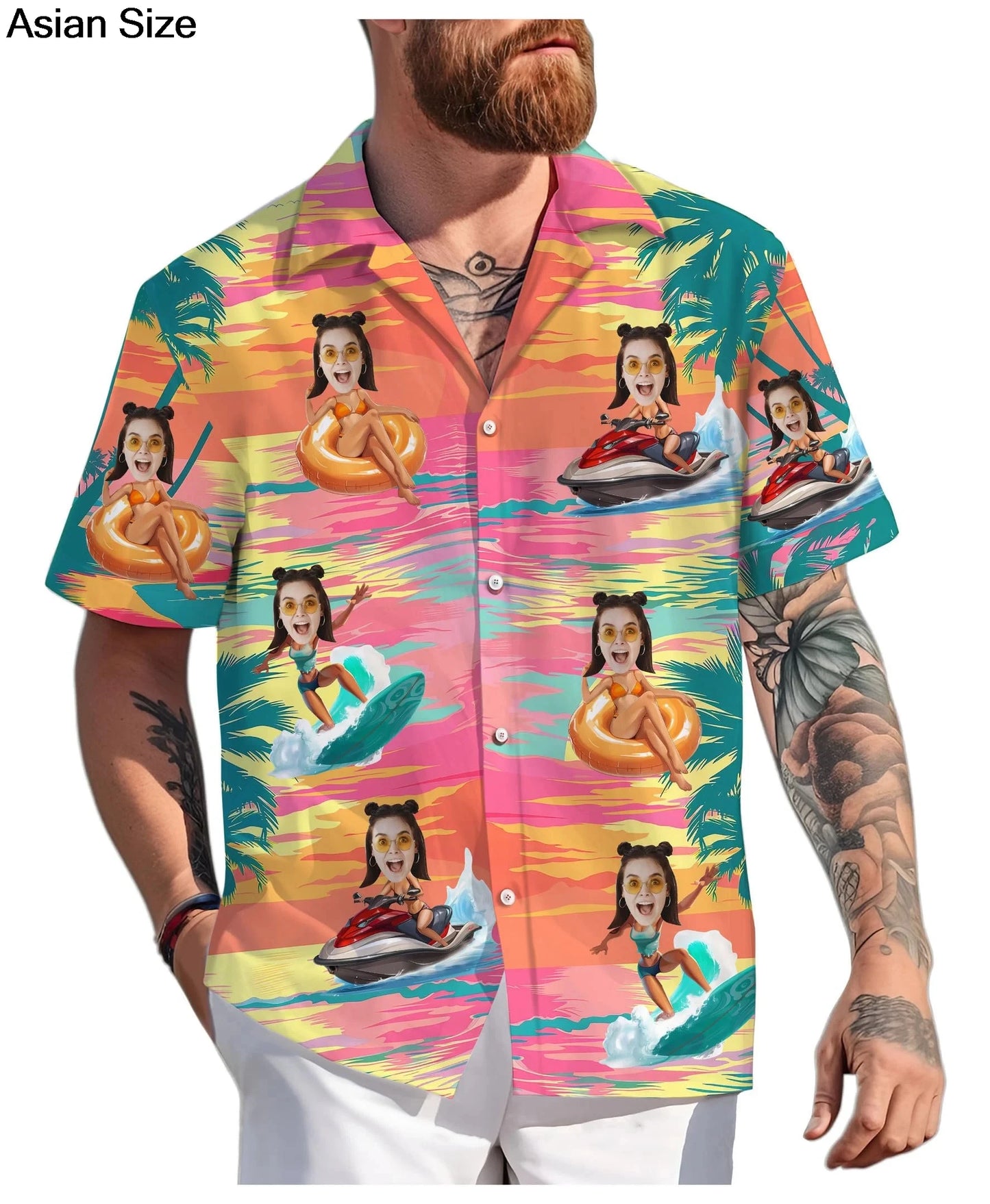 Custom Hawaiian shirt with face print for women, featuring funny personalized Hawaii design, unisex beach blouse by Ansoff