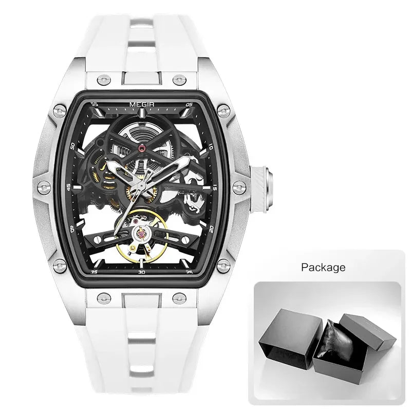 MEGIR Men's Automatic Mechanical Watch with Stainless Steel Case Silicone Band Skeleton Dial Waterproof Sport Wristwatch - Acros
