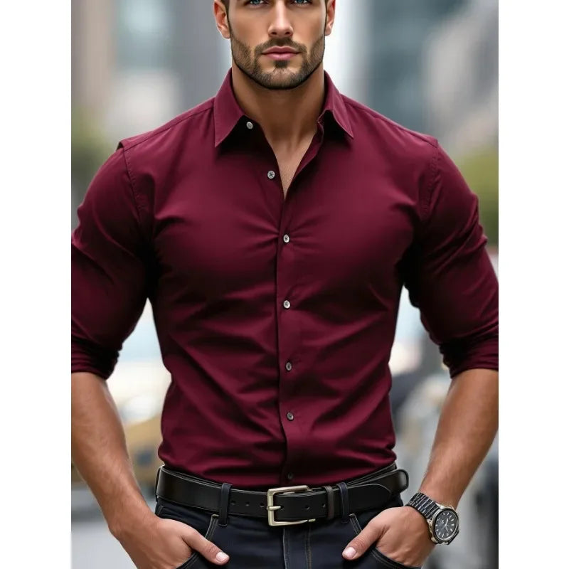Men's long sleeve casual shirt by Ansoff, solid color, four-season, elastic, smart business shirt for men.