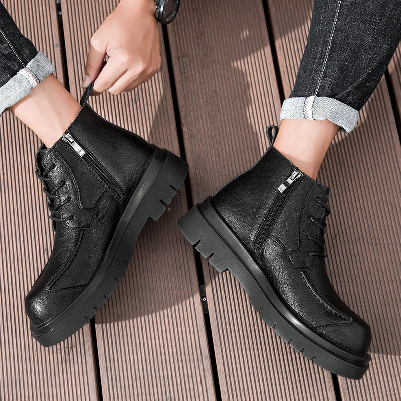 Ansoff genuine leather men's workwear boots with thick platform sole, side zipper, casual and outdoor height-increasing footwear.