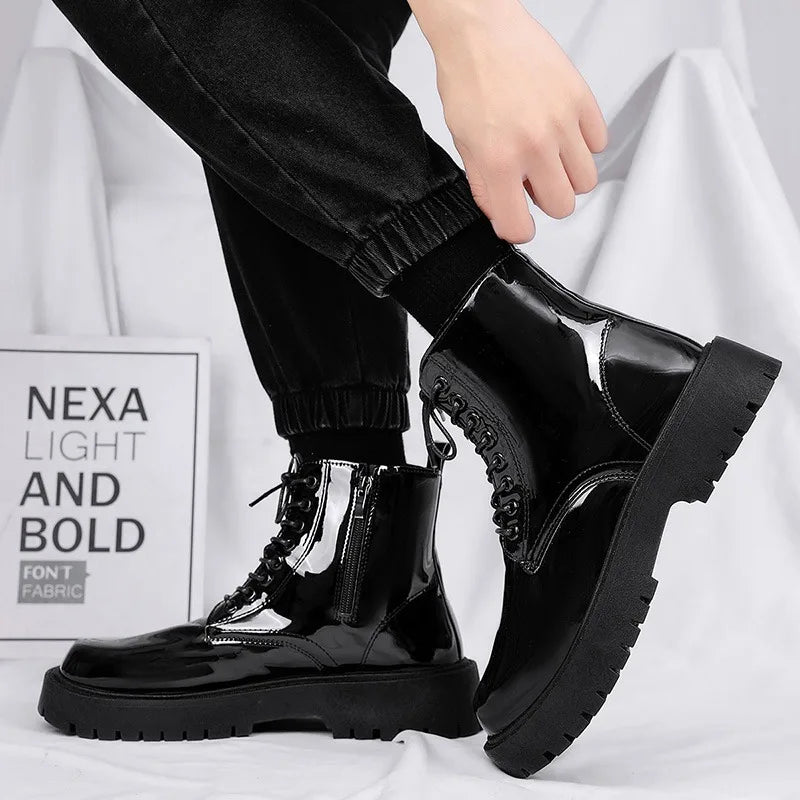 Black leather men's winter high-top platform boots with lace-up design, British style casual motorcycle boots by Ansoff.