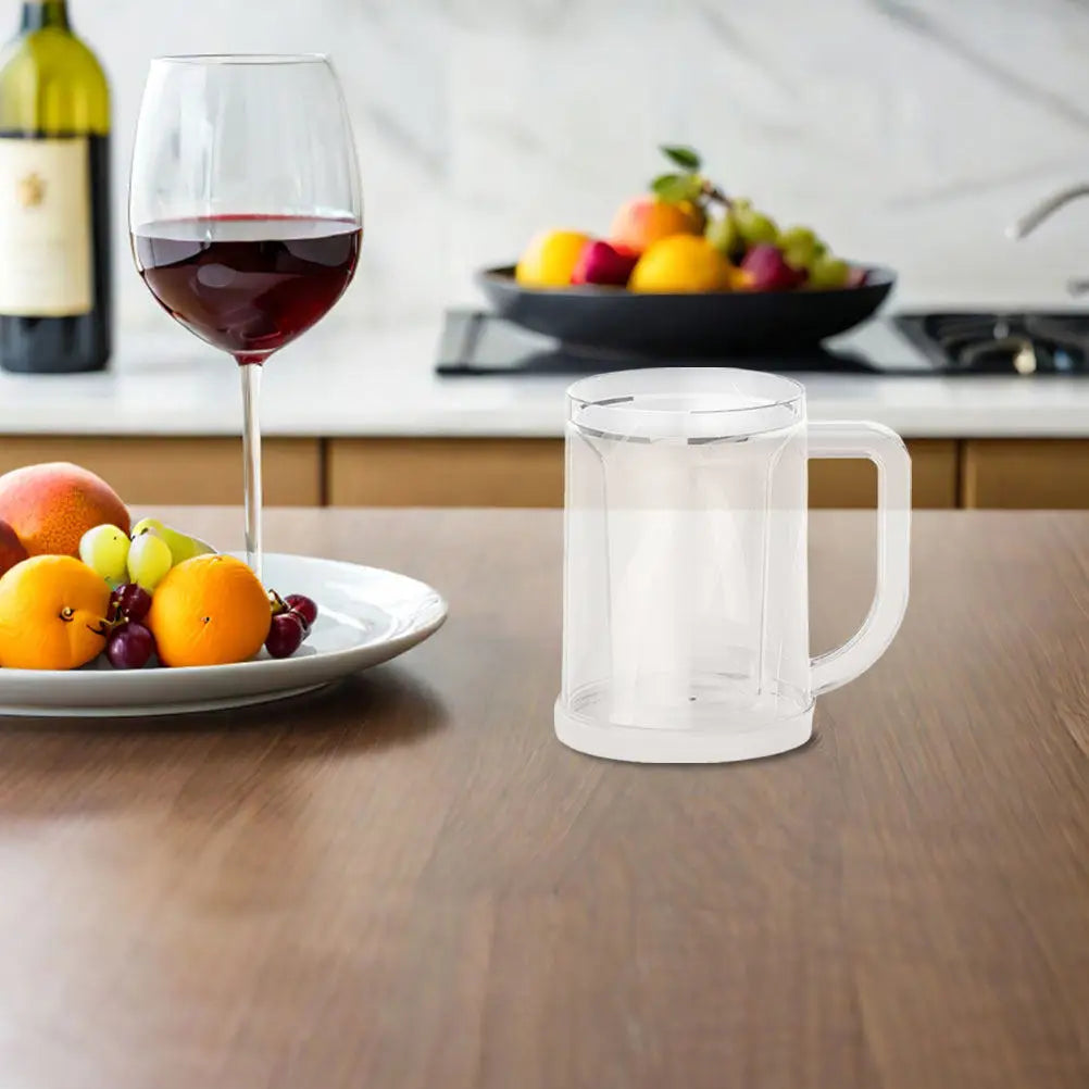 Two clear plastic freezer mugs with handles, double wall design, used for cold drinks and ice, by Ansoff.