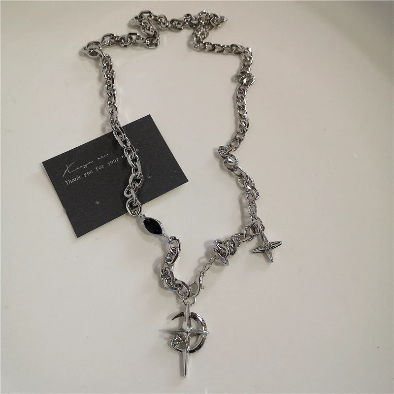 Punk Rock Black Heart Cross Pendant Chain Necklace For Men Women Cool Hip Hop Street Vintage 90s Y2K Grunge Goth Accessories - Acros