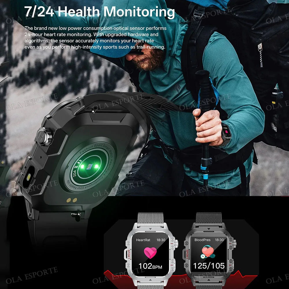 Ansoff 2026 rugged military smart watch with LED flashlight, 2.01-inch HD touch screen, voice and Bluetooth call features.