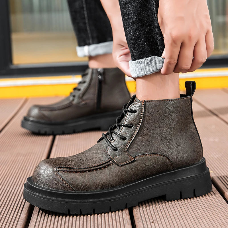 Ansoff genuine leather men's work boots with thick platform, side zipper, casual design, outdoor-ready height increasing footwear.