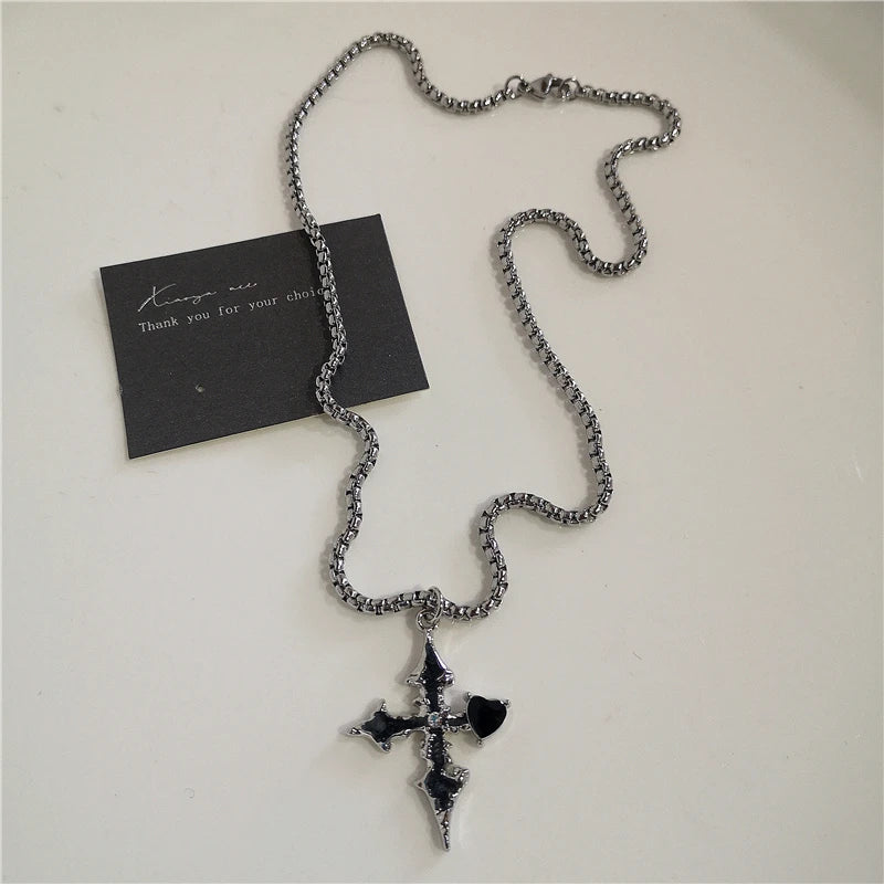 Punk Rock Black Heart Cross Pendant Chain Necklace For Men Women Cool Hip Hop Street Vintage 90s Y2K Grunge Goth Accessories - Acros