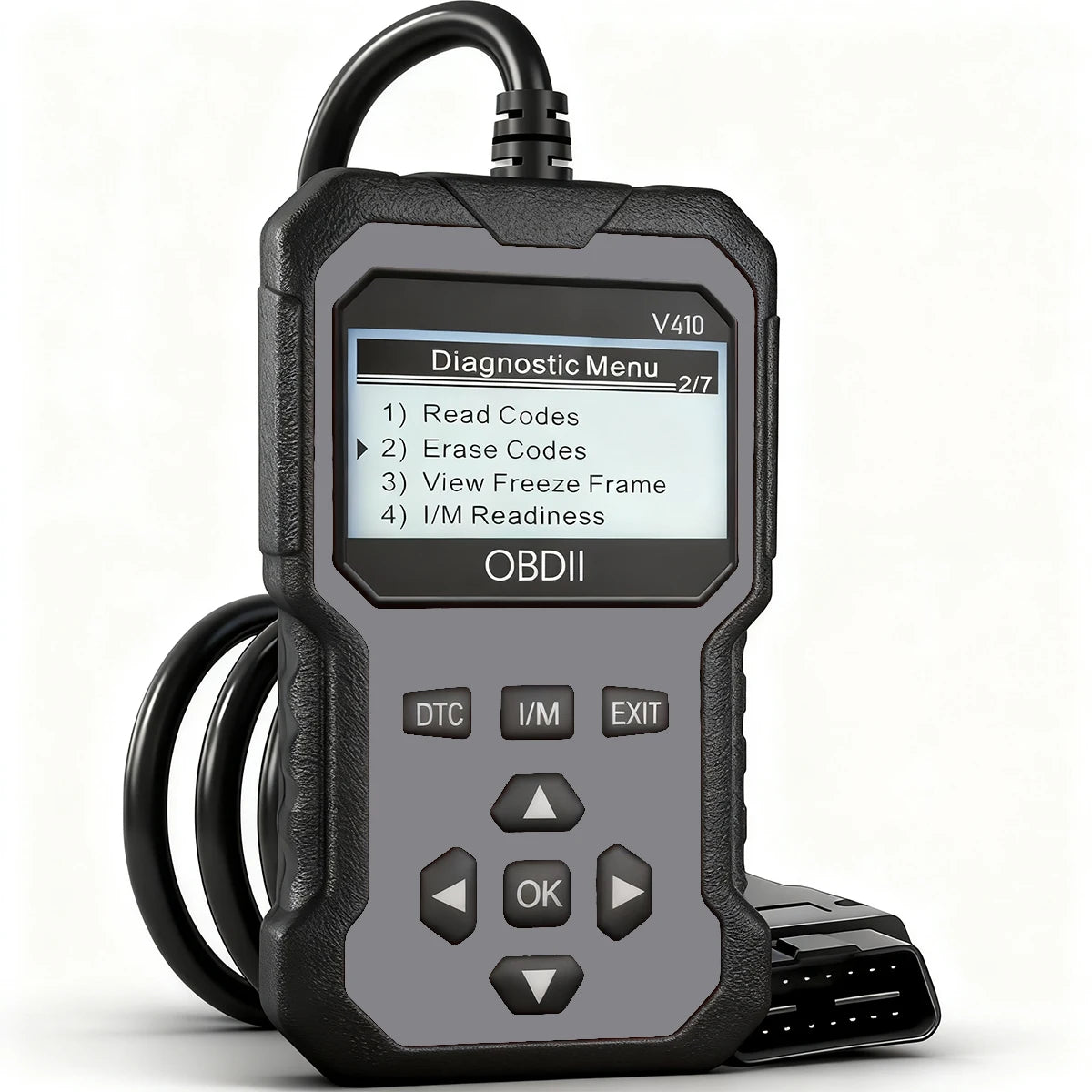 Ansoff OBD2 scanner diagnostic tool connected to a car’s dashboard, reading engine fault codes on a digital screen.