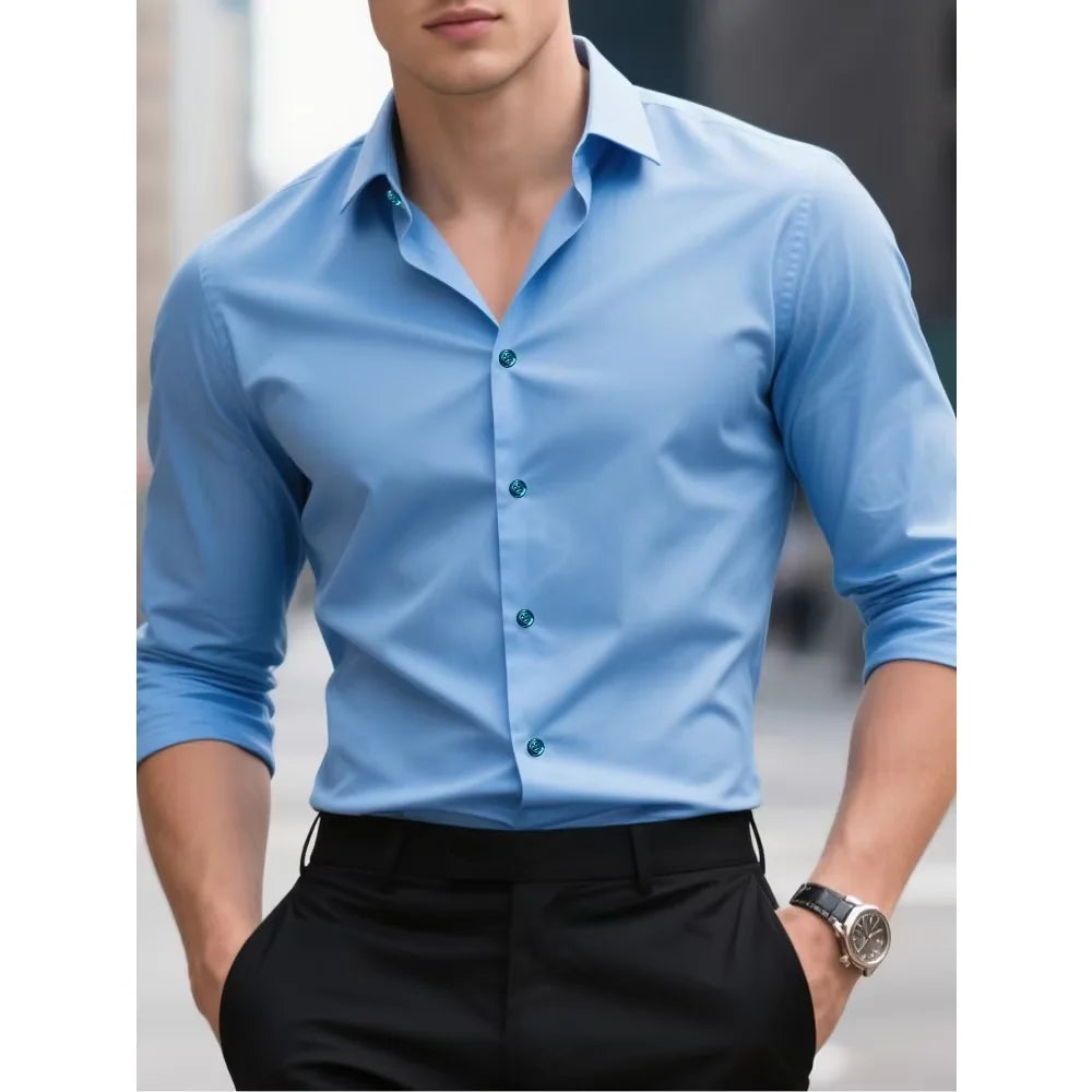 Men's long sleeve casual shirt by Ansoff, solid color, four-season, business style, elastic fabric, smart casual men's shirt.