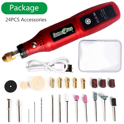Ansoff cordless rotary tool kit with engraving pen and 24 accessories, suitable for woodworking, jewelry, metal, and glass engraving.