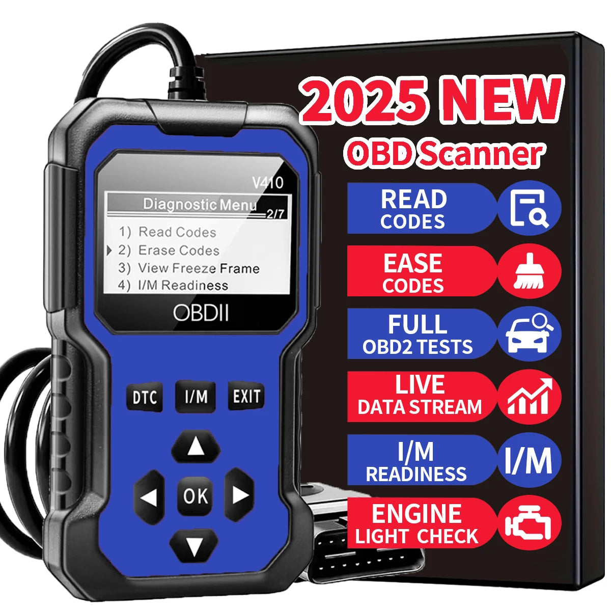 Ansoff OBD2 scanner diagnostic tool displaying engine fault codes on a black handheld device for all OBD II protocol cars since 1996.