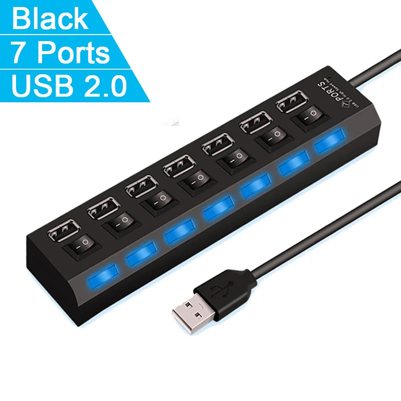 High Speed 4/7 Ports USB HUB 2.0 Adapter Expander Multi USB Splitter Multiple Extender with LED Lamp Switch for PC Laptop - Acros